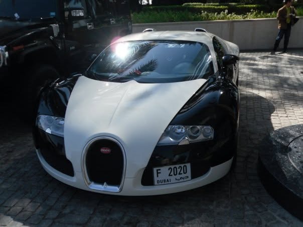 A black-and-white Bugatti Veyron parked at the hotel entrance