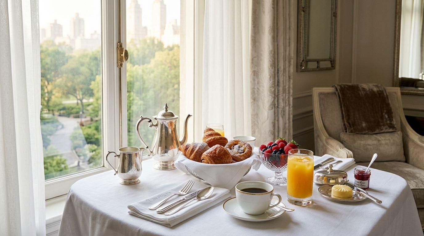 A room-service breakfast table by the window in morning light