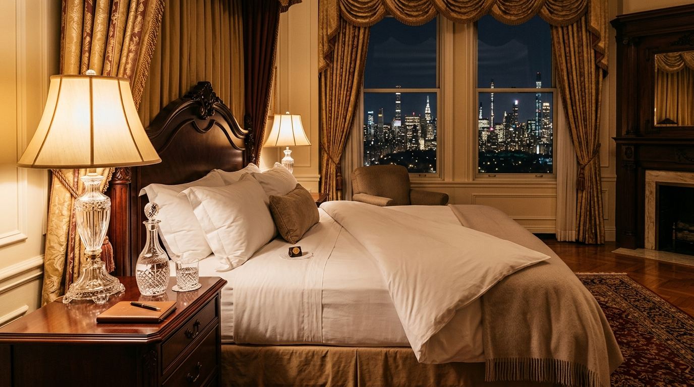 The hotel room at night after turndown with the Manhattan skyline glittering outside