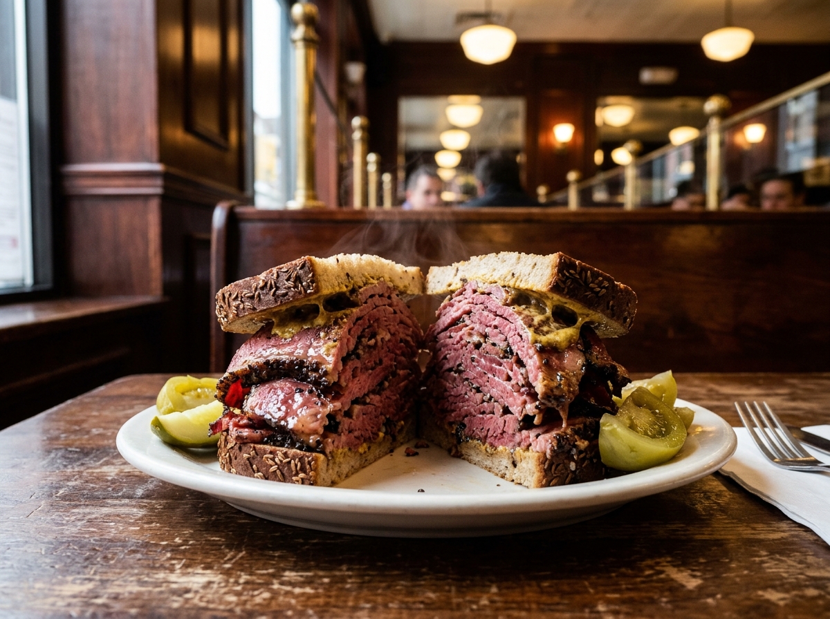 Towering New York City hot pastrami on seeded rye sandwich at historic Manhattan delicatessen