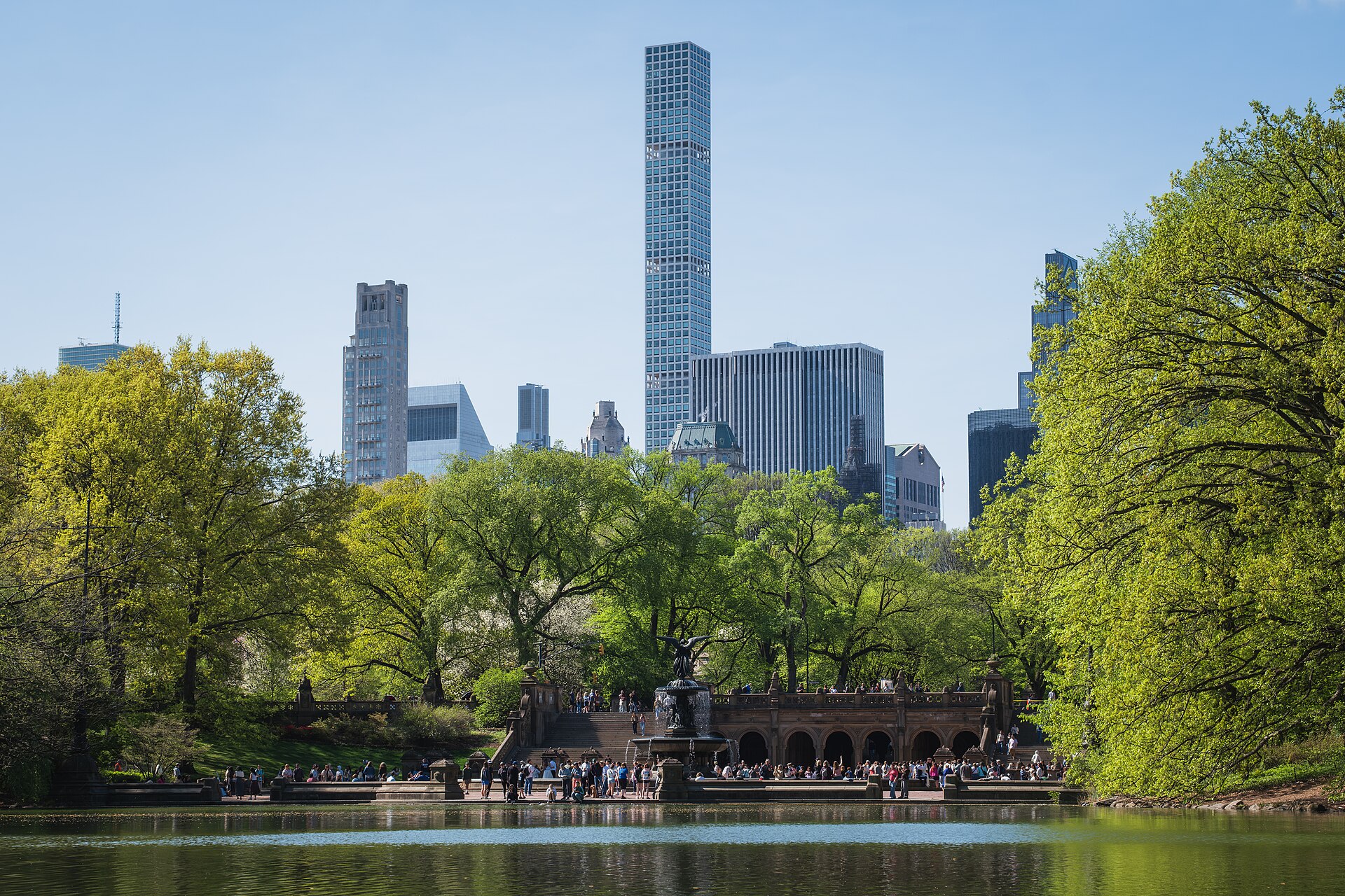 Bethesda Terrace and the lake in Central Park with the skyline behind