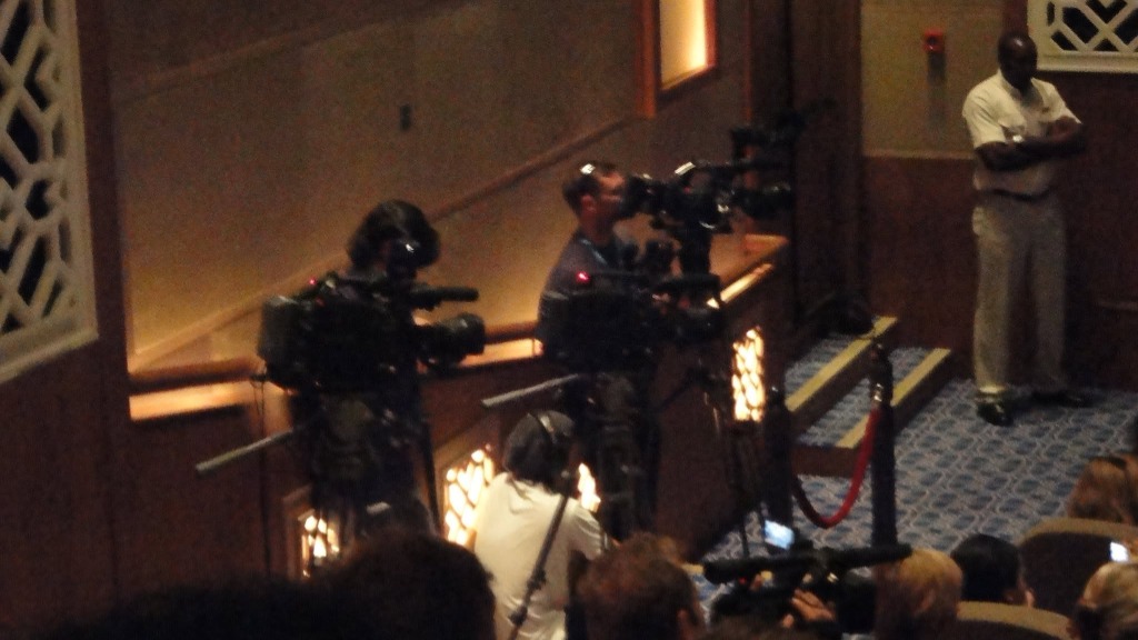 TV cameras lined up on the theatre balcony