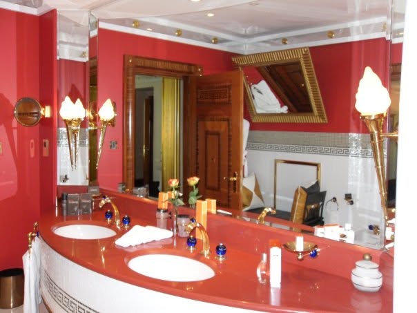 Red double vanity in the Presidential Suite bathroom at the Burj Al Arab, Dubai