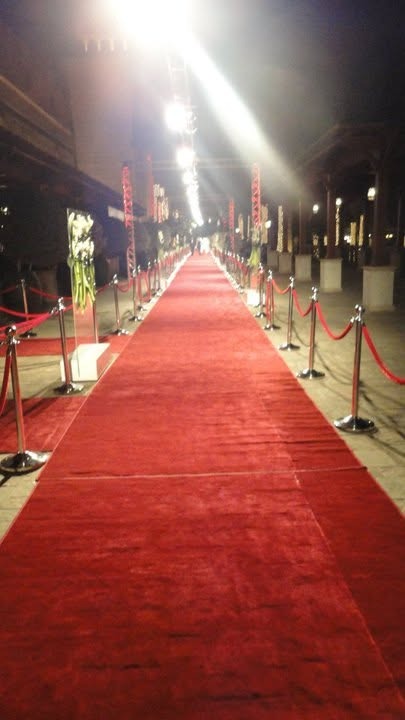 The festival red carpet at night, lined with gold posts and red ropes under searchlights