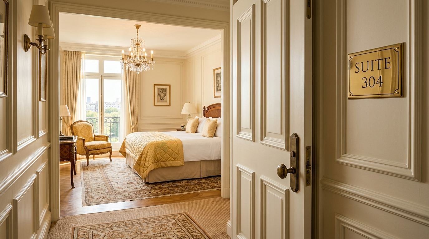 Opening a tall paneled hotel room door onto a light-filled room