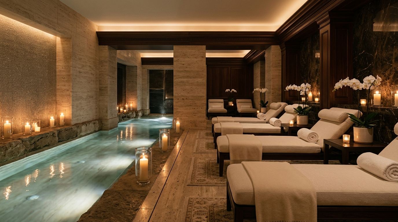 A candle-lit luxury spa room with marble and orchids