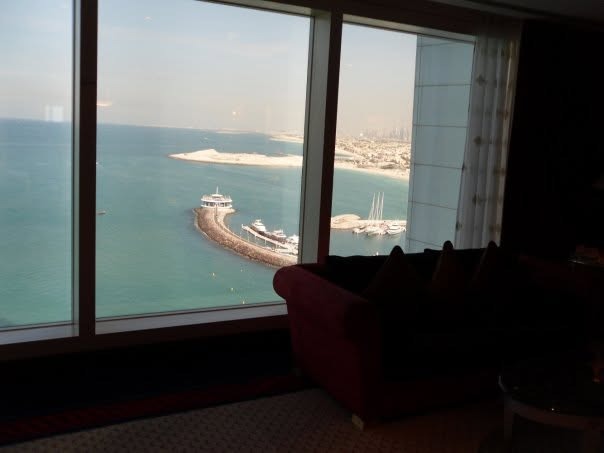 The marina and coastline seen through the suite windows